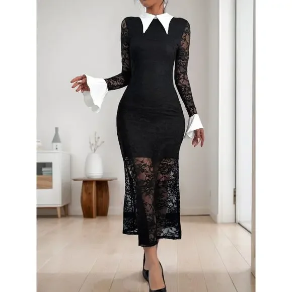 Lace Long Sleeve Collared Midi Dress - Picture 2 of 9